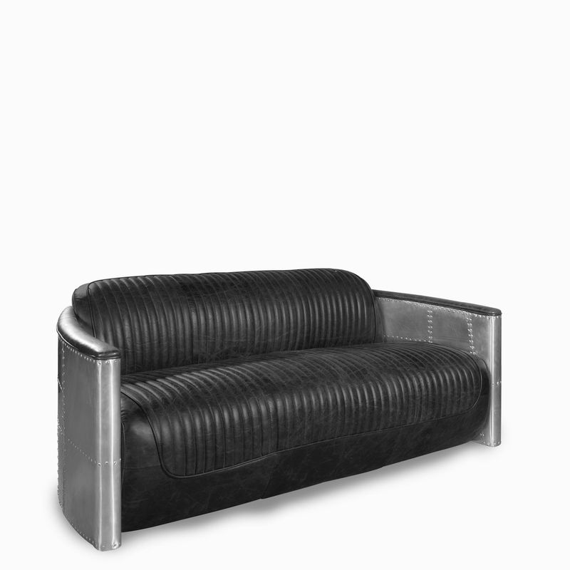 Sofa cuero metal 3ptos vintage negro