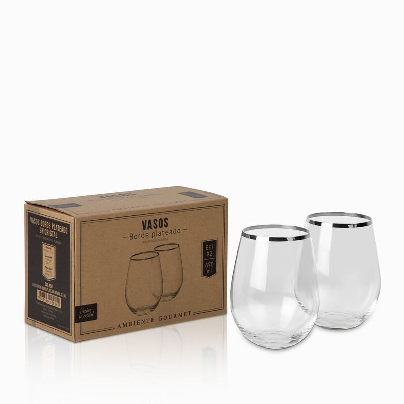 Vaso cristal borde plateado 670 ml setx2