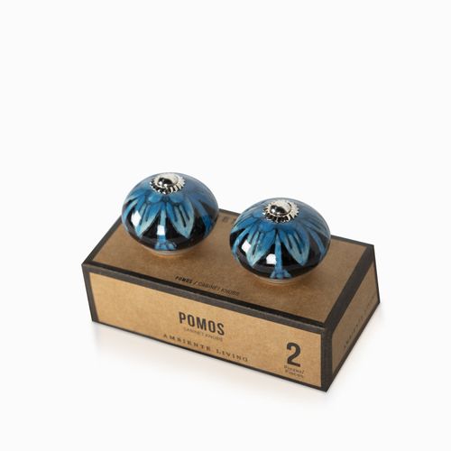 Pomo negro flor aguamarina set x 2