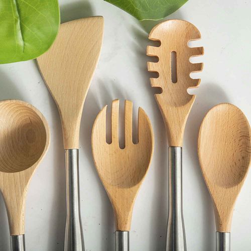 Cuchara ranurada acero y bambu