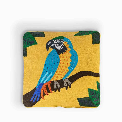 Cojin mostaza loro azul 45x45cm