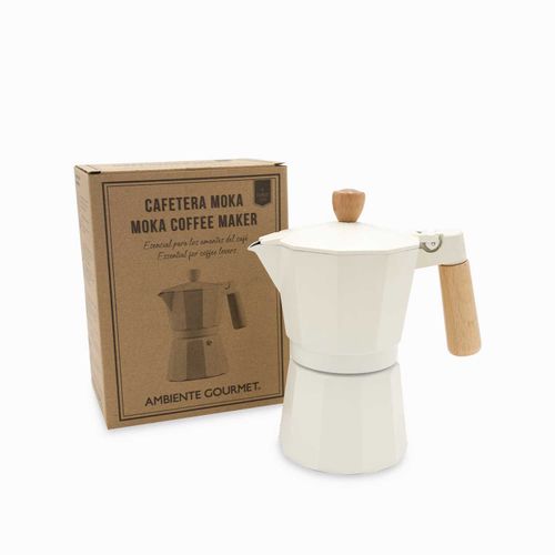 Cafetera Moka 6 tazas blanca mango en madera