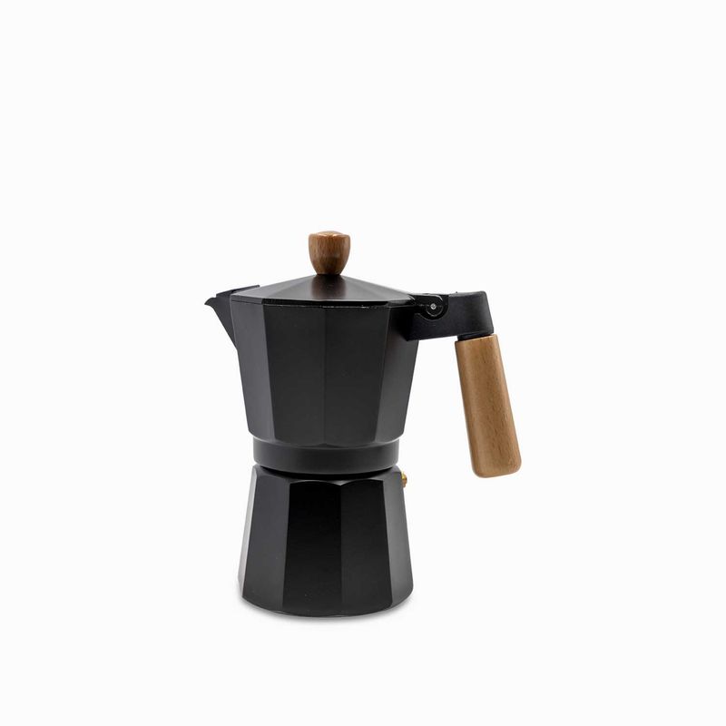 Cafetera-moka-6-tazas-negra-mango-en-madera