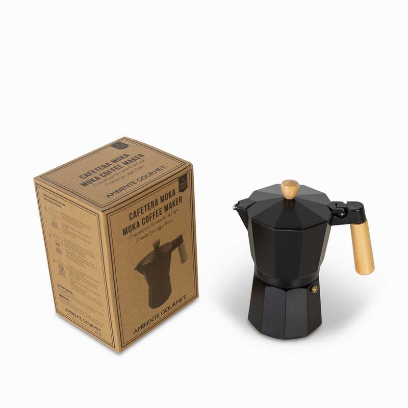 Cafetera-Moka-9-tazas-negra-mango-en-madera