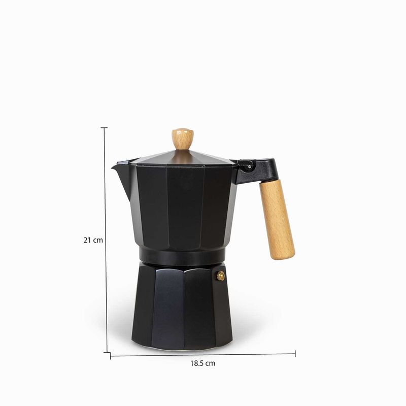 Cafetera-Moka-9-tazas-negra-mango-en-madera