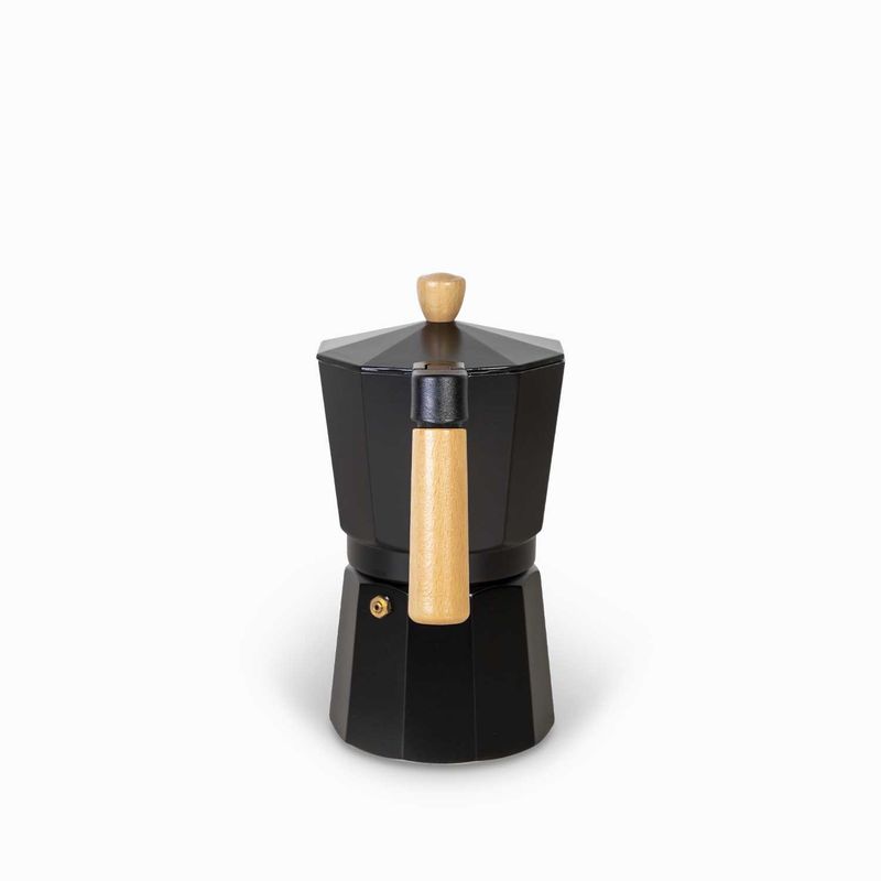 Cafetera-Moka-9-tazas-negra-mango-en-madera