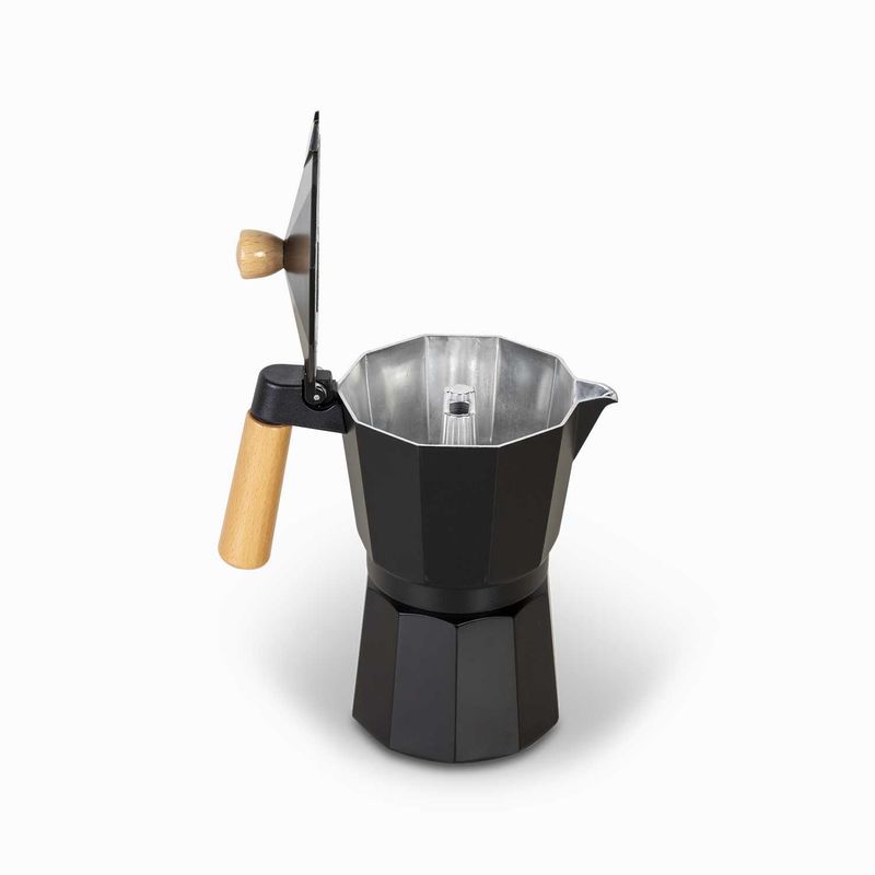 Cafetera-Moka-9-tazas-negra-mango-en-madera